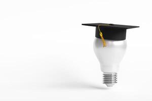 afstuderen niveau kennis en leerzaam succes. licht lamp met een diploma uitreiking pet Aan wit achtergrond. met kopiëren ruimte foto