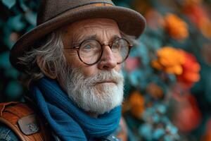 ai gegenereerd portret van een ouderen Mens in detailopname in een herfst park foto