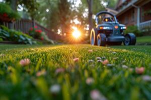 ai gegenereerd een benzine gazon maaier staat Aan de gazon in de buurt de huis Bij zonsondergang foto