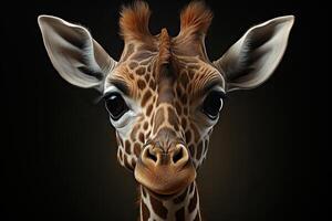 ai gegenereerd detailopname foto van een giraffe Aan een donker achtergrond. gegenereerd door kunstmatig intelligentie-