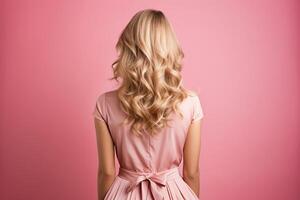 ai gegenereerd achterzijde visie van een slank gekruld blond in een roze jurk tegen een roze muur. gemaakt door kunstmatig intelligentie- foto