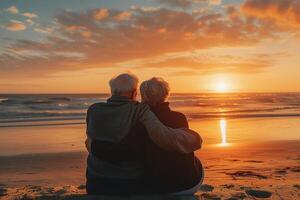 ai gegenereerd gelukkig senioren genieten van van pensioen met een strand foto