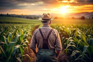 ai gegenereerd achterzijde visie van senior boer staand in maïs veld- onderzoeken Bijsnijden Bij zonsondergang. foto