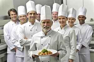 ai gegenereerd gelukkig glimlachen chef-kok team in zijn keuken foto