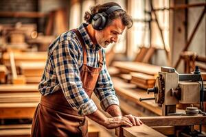 ai gegenereerd timmerman werken Aan houtbewerking machines in timmerwerk winkel. Mens werken in een timmerwerk winkel. foto