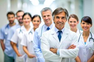 ai gegenereerd gelukkig multiraciaal medisch professionals staand in ziekenhuis foto