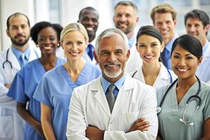 ai gegenereerd gelukkig multiraciaal medisch professionals staand in ziekenhuis foto