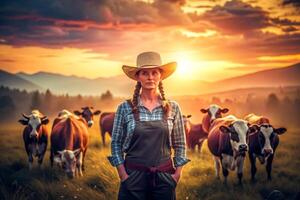 ai gegenereerd vrouw boer koeien zonsondergang foto