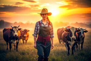 ai gegenereerd vrouw boer koeien zonsondergang foto