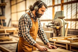 ai gegenereerd timmerman werken Aan houtbewerking machines in timmerwerk winkel. Mens werken in een timmerwerk winkel. foto