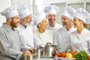 ai gegenereerd team van chef in de keuken glimlach foto