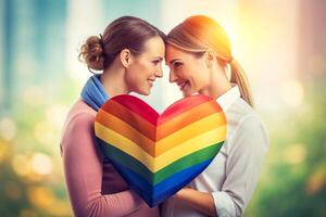 ai gegenereerd gelukkig lesbienne paar liefde regenboog liefde foto