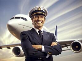 ai gegenereerd zelfverzekerd mannetje piloot in uniform houden armen gekruiste en glimlachen met vliegtuig in de achtergrond foto