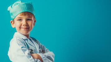 ai gegenereerd een vrolijk jong jongen poses vol vertrouwen in een dokter scrubs en pet, compleet met een stethoscoop, tegen een levendig blauw achtergrond foto