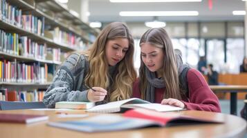 ai gegenereerd twee studenten verloofd in een studie sessie Bij de bibliotheek, gezamenlijk werken door academisch materialen. foto