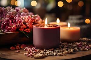 ai gegenereerd brandend aromatisch kaarsen met droog bloemen Aan houten tafel Aan wazig achtergrond foto