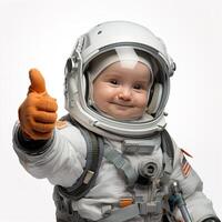 ai gegenereerd baby astronaut in een ruimtepak tonen duimen omhoog Aan transparant achtergrond foto