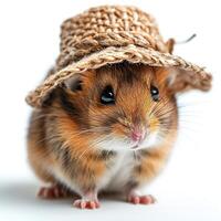 ai gegenereerd schattig pluizig huiselijk hamster in een hoed Aan een wit achtergrond foto