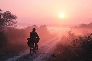 ai gegenereerd silhouet van een fiets reiziger rijden een fiets aan de overkant een veld- Bij een mistig roze dageraad foto