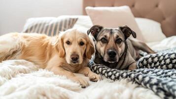 ai gegenereerd twee honden houdende Aan een bed samen foto