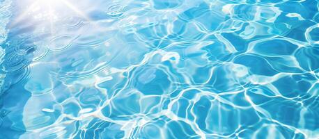 ai gegenereerd Doorzichtig blauw water achtergrond met zonlicht reflecterend uit haar oppervlak. teder rimpelingen, ingewikkeld patronen. ontspanning, welzijn, zwembad partij concept. foto