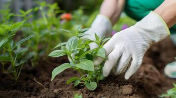 ai gegenereerd een persoon in wit handschoenen aanplant of zorgzaam voor jong groen planten. tuinieren tips, fabriek zorg, milieu behoud achtergrond. foto