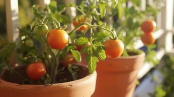 ai gegenereerd rijp tomaten in terracotta potten. balkon, huis tuin. tuinieren, planten, van eigen bodem concept foto