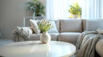 ai gegenereerd wit vaas gevulde met boeket van bloeiend wit bloemen met groen stengels Aan een tafel. knus leven kamer in de achtergrond. huis decor, echt landgoed interieurs, comfort, esthetiek. foto