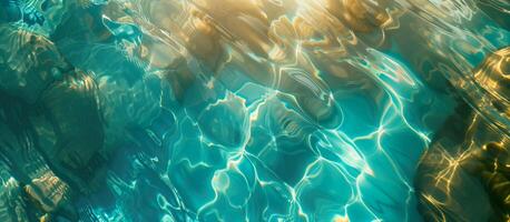 ai gegenereerd licht reflecties zee water oppervlak, gouden en turkoois tinten. ontspanning, welzijn, vakantie concept foto