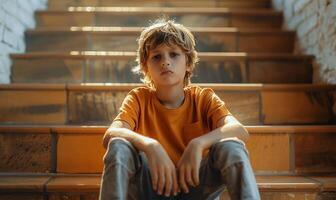 ai gegenereerd hartverscheurend tafereel van een depressief kind gezeten alleen Aan trappenhuis stappen, reflecterend de gevolg van pesten Aan jeugd foto