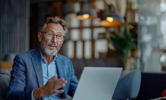 ai gegenereerd bedrijf uitvoerend innemend in een virtueel vergadering via laptop, het verstrekken van coaching en de begeleiding foto