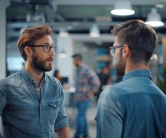 ai gegenereerd kantoor tafereel met mannetje tech professionals in een diep duiken gesprek over project werk foto