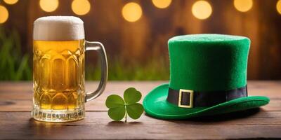 ai gegenereerd st. Patrick dag achtergrond. een mok van bier met een groen hoed Aan een houten tafel, tegen een bokeh achtergrond. ai generatie foto