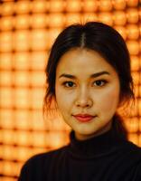 ai gegenereerd foto van mooi Aziatisch vrouw staand Bij evenement tonen met licht in achtergrond, generatief ai