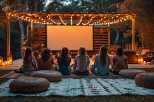 ai gegenereerd de familie is aan het kijken een projector Aan de straat in de buurt de huis , films in de werf foto