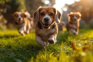 ai gegenereerd rennen brak honden rennen Aan de groen gras in zomer foto