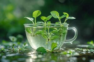 ai gegenereerd een groen jong fabriek in een bloem pot, ontkiemen zaden in een glas foto