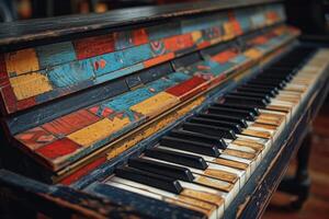 ai gegenereerd detailopname van de kleurrijk sleutels van een oud piano foto