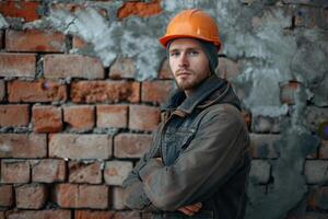 ai gegenereerd portret van een metselaar in de werkplek. bouw arbeider foto