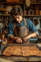 ai gegenereerd een mannetje schoenmaker werken met leer kleding stof in zijn werkplaats foto