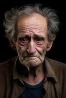 ai gegenereerd portret van een verdrietig ouderen Mens Aan een zwart achtergrond foto