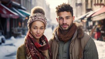 ai gegenereerd portret van een Mens en een vrouw patriotten van hun land tegen de achtergrond van een stad straat foto