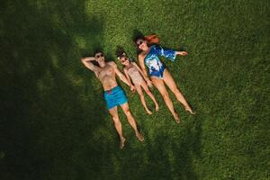 top visie van een gelukkig familie in zwemkleding aan het liegen Aan de groen gras foto