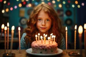 ai gegenereerd een roodharige jong meisje zullen blazen uit de kaarsen Aan de verjaardag taart foto