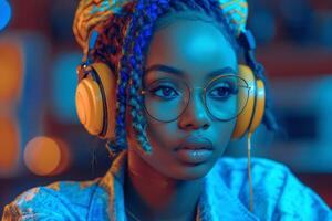 ai gegenereerd detailopname van een Afro-Amerikaans meisje met hoofdtelefoons in neon lichten foto