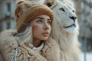 ai gegenereerd mooi modieus jong vrouw met een mooi groot leeuw foto