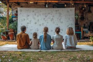 ai gegenereerd de familie is aan het kijken een projector Aan de straat in de buurt de huis , films in de werf foto