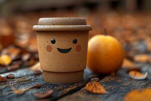 ai gegenereerd beschikbaar koffie kop met een glimlachen gezicht Aan een herfst achtergrond foto