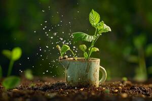 ai gegenereerd een groen jong fabriek in een bloem pot, ontkiemen zaden in een glas foto