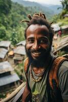 ai gegenereerd portret van een vrolijk reiziger tegen de achtergrond van natuur foto